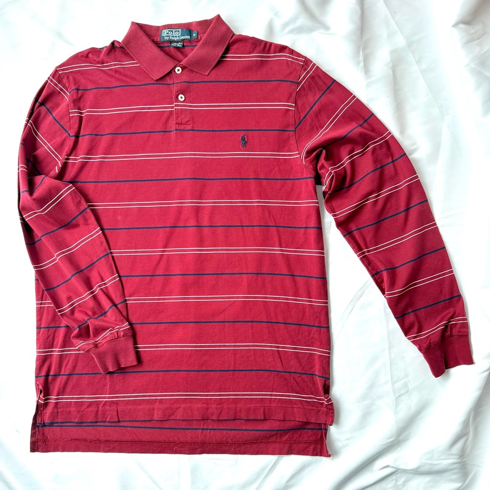 Polo by Ralph Lauren Burgundy Long Sleeve Men's Polo Shirt Sz Medium Striped